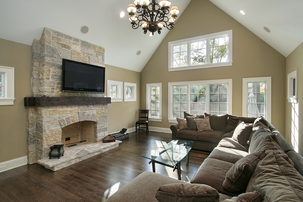 Family room with stone fireplace, Install Your Television